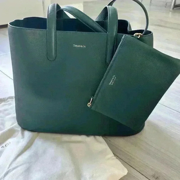 Gorgeous emerald green leather + suede authentic Tiffany & Co tote bag - Picture 1 of 4